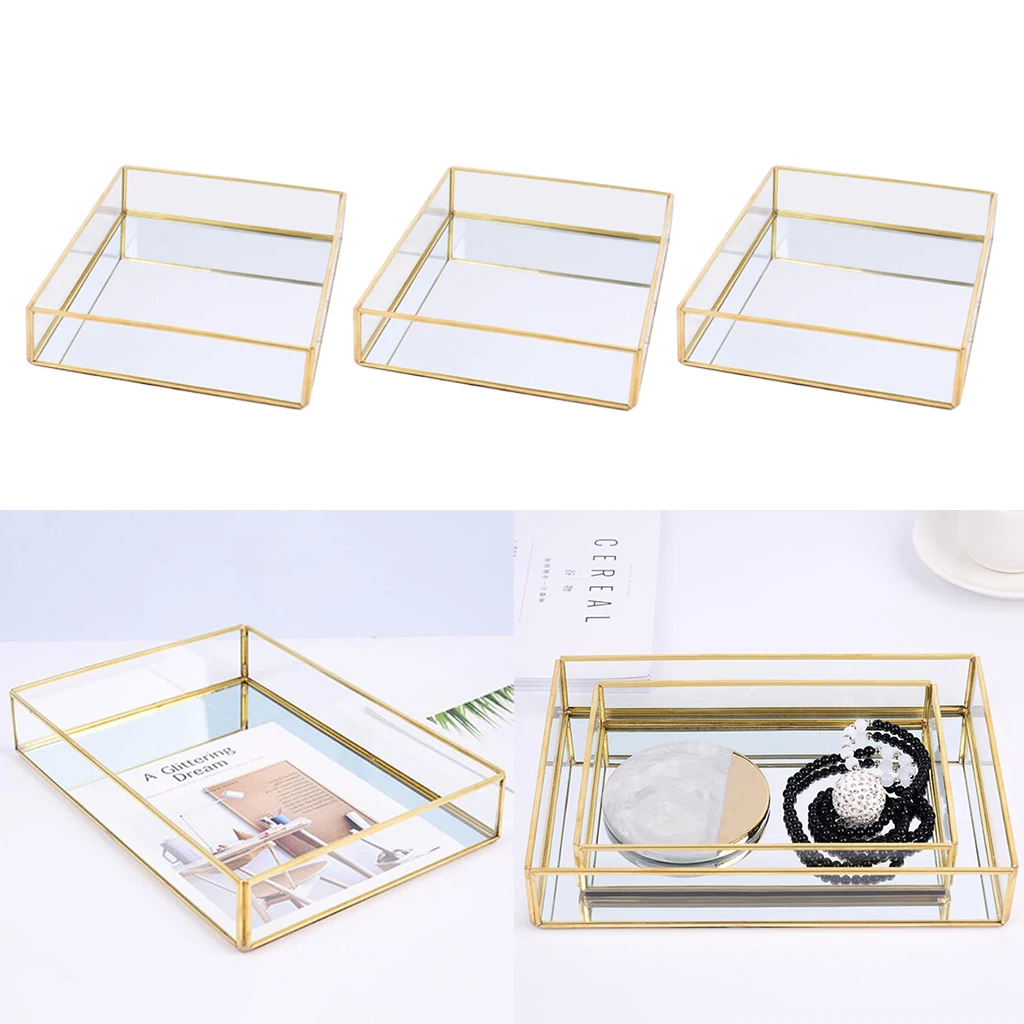 

3Pcs Metal Glass Jewelry Tray, Makeup Cosmetic Organizer Storage Box, Dessert Plate, Decorative Tray, S/M/L