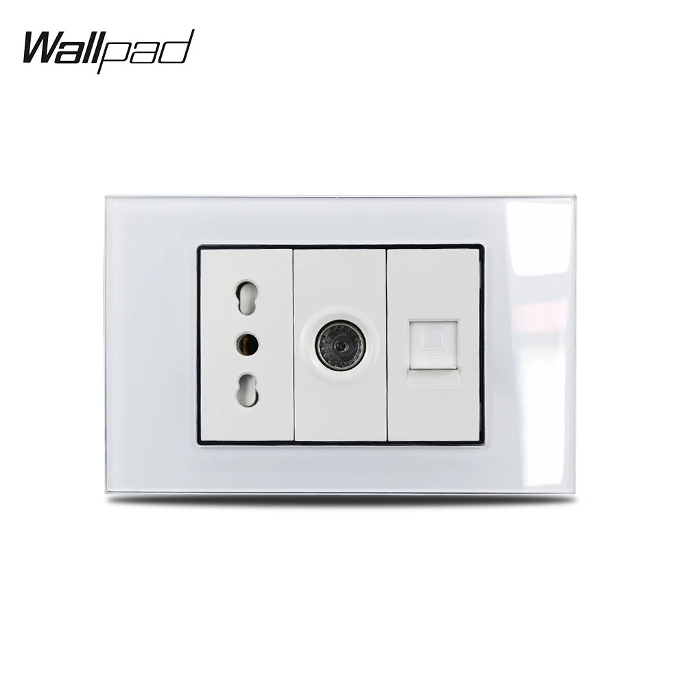 

118*75mm Italian TV DATA Socket Wallpad L3 White Glass Panel 16A AC Italian Italy Socket and TV Television Data RJ45 Outlet 6M