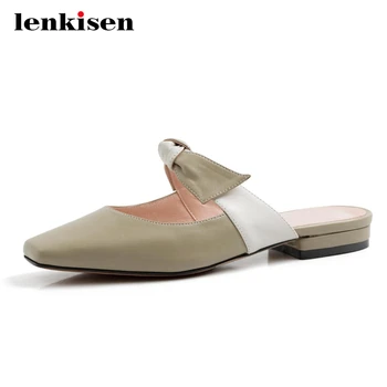

Lenkisen gladiator maiden cow leather mixed colors square toe low square heel butterfly-knot sweet mules slip on women pumps L08