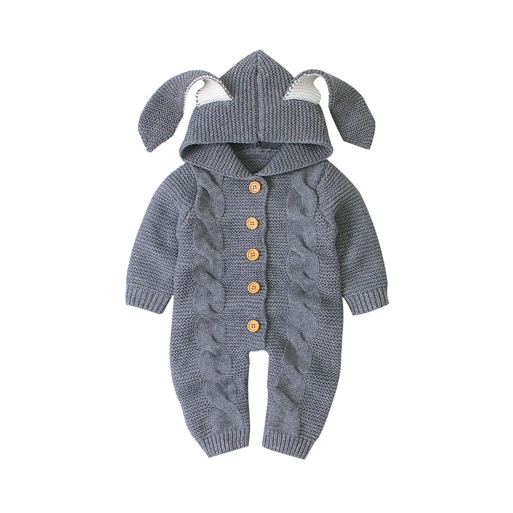 Милый детский хлопковый трикотажный комбинезон с кроликом для новорожденных; одежда для маленьких мальчиков и девочек; зимние костюмы на пуговицах с капюшоном и ушками; одежда с длинными рукавами - Цвет: Серый