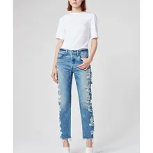 Женские брюки с саржевым краем, синие с боковыми отверстиями, тонкие брюки с высокой талией, женские джинсы на весну и лето