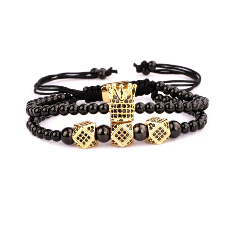 High Quality CZ Micro Pave Crown Charm Stainless Steel Beads Adjustable Bracelet Men Jewelry