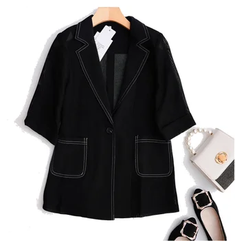 

N043#Small jacket 2020 summer suit collar bright line decoration seven-quarter sleeve one button net breathable plus size top,