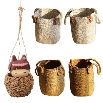 

Foldable Natural Woven Seagrass Belly Storage Basket Flower Pot Folding Basket Weaving Dirty Garment Basket Fruit Basket