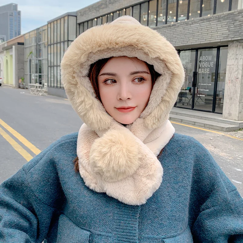 

Korean Version Women Winter Hats Student Cute Mink Dual-Use Female Collar One Hat Fashion Plus Velvet Warm Girls Caps