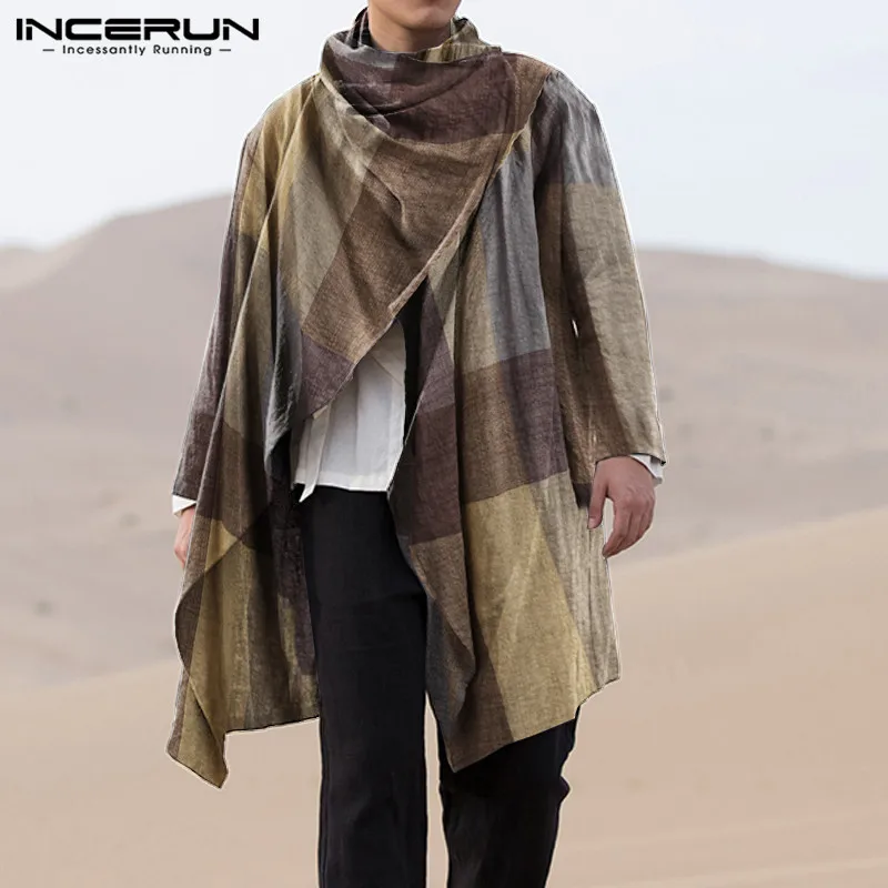 INCERUN hombres abrigos de cuello alto de algodón a cuadros de manga larga, Ponchos Vintage Streetwear 2021 Casual prendas de vestir exteriores irregulares capa