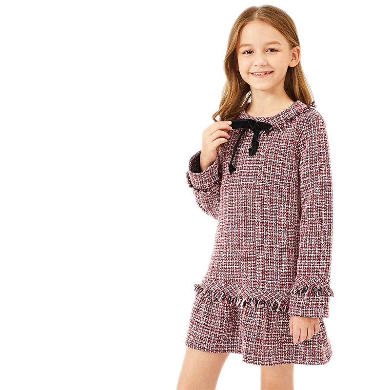 SHEIN Kiddie/клетчатое платье-туника с оборками спереди и бантом для девочек г. Осенние милые короткие платья с длинными рукавами на молнии сзади для детей