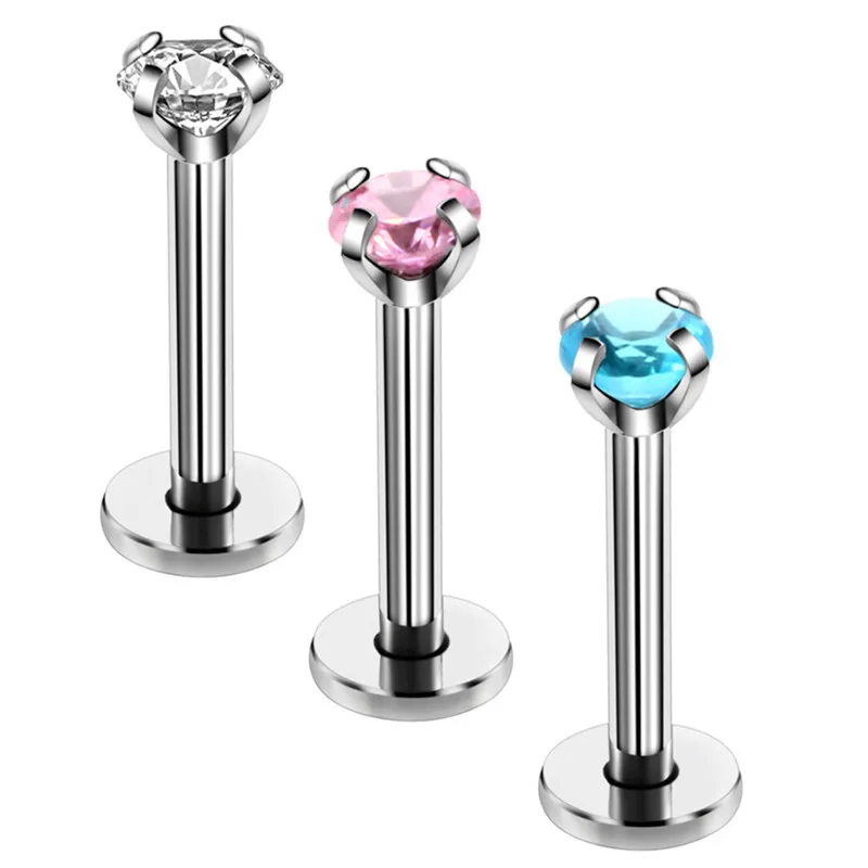 1Pc White/Pink/Blue Labret Lip Ring Zircon Anodized Internally Threaded Prong Gem Monroe Tragus Helix Ear Piercing Earring | Украшения и
