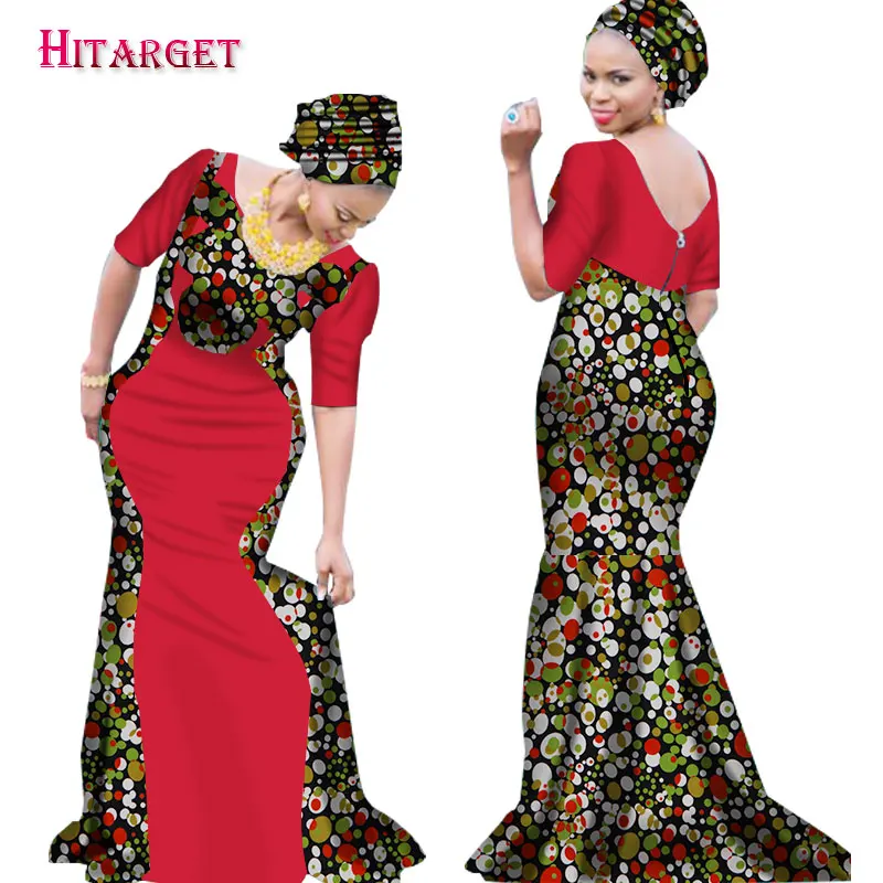Новое платье Bazin Riche в африканском стиле для женщин, с принтом, с v-образным вырезом, платье русалки с галстуком на голову, Дашики, африканская одежда WY1645 - Цвет: 23