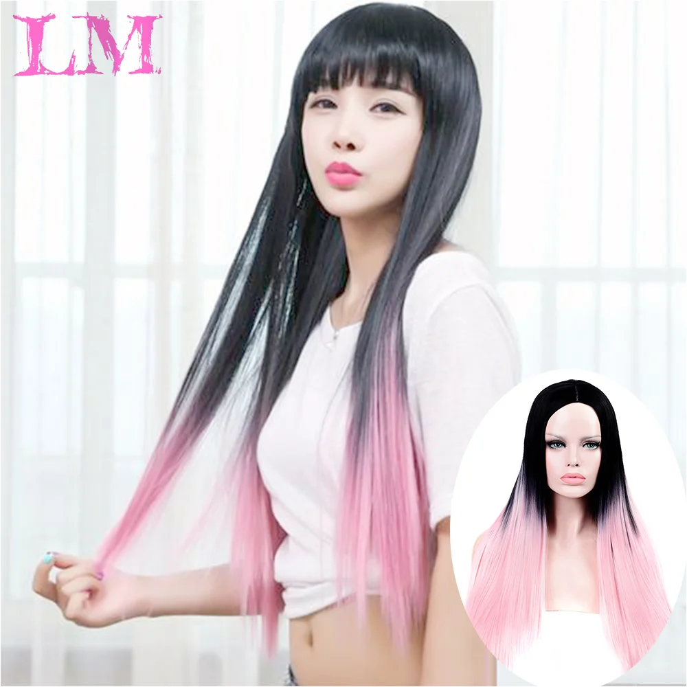 LM 2" модный тренд длинный прямой Ombre синтетический парик для женщин много цветов средняя часть термостойкий косплей парик блонд