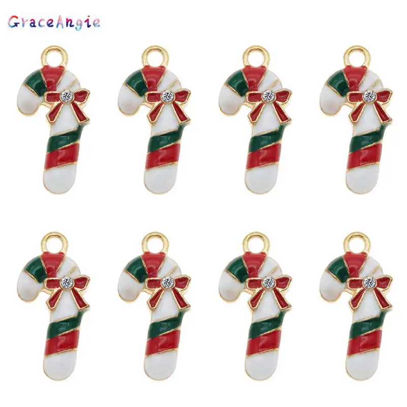 

GraceAngie 10pcs Zinc Alloy Enamel Christmas Cane Charm With Rhinestone Bracelet Necklace Pendant Making Xmas Decor Accessory