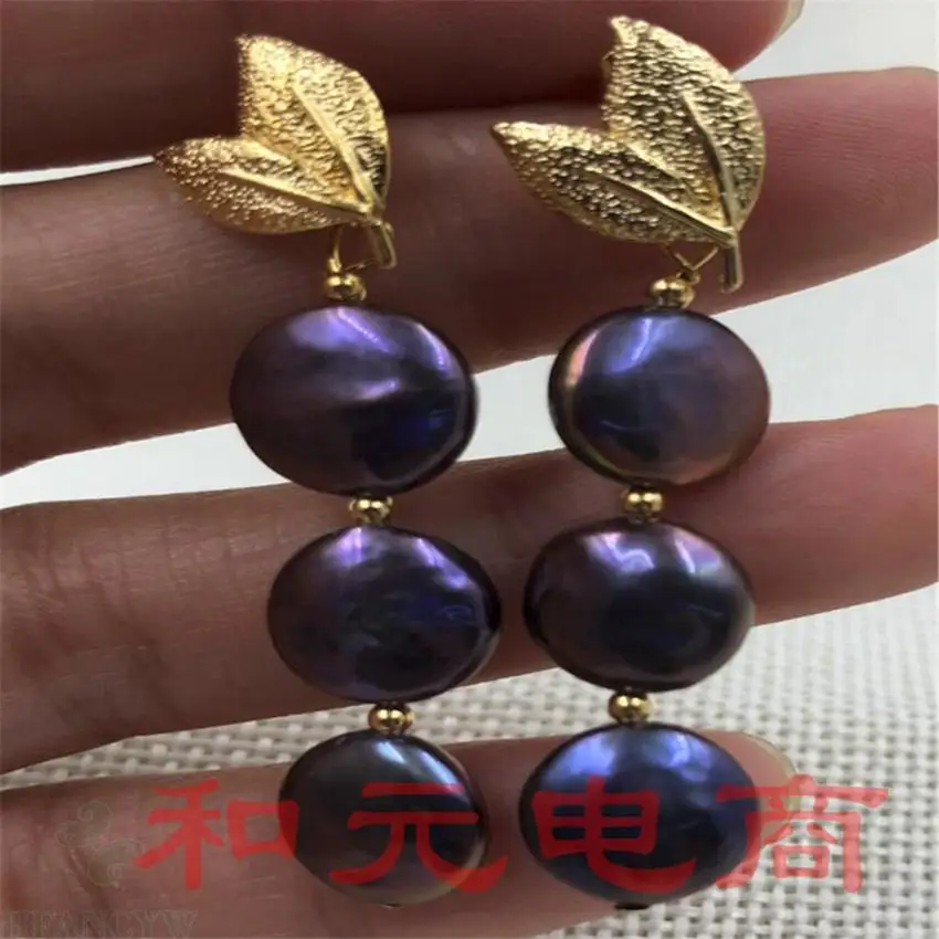 

10-11MM HUGE purple baroque pearl earrings 18K gold plating south sea natural TwoPin flower party dangler
