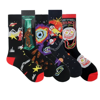 

Creative High Quality Combed Cotton Product Astronauts Socks Men Breathable Hip Hop Harajuku Planet Crew Happy Calcetines Hombre