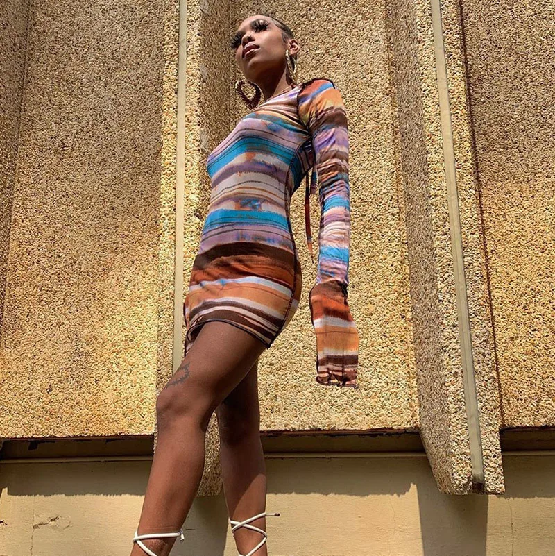 2020 stripe print backless bandage sexy mini dress autumn winter women fashion streetwear outfit club wear