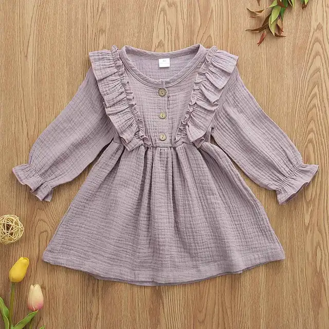 0-5Y Toddler Kids Baby Girl Autumn Dress Ruffles Long Sleeve Solid Cotton Linen Party Casual Dress Clothes 5