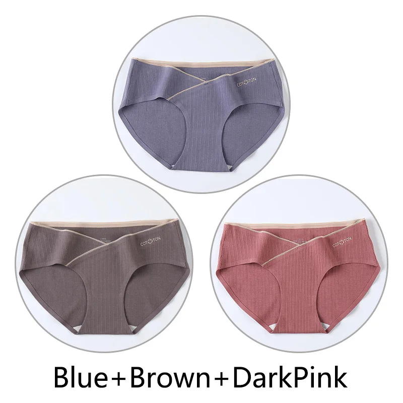 Blue Brown DarkPink Комплект из 3 предметов, V-образный Нижнее Белье для беременных Мягкий Хлопок Женщины трусы беременности и родам дышащие трусы с низкой талией Нижнее белье - Цвет: Blue Brown DarkPink