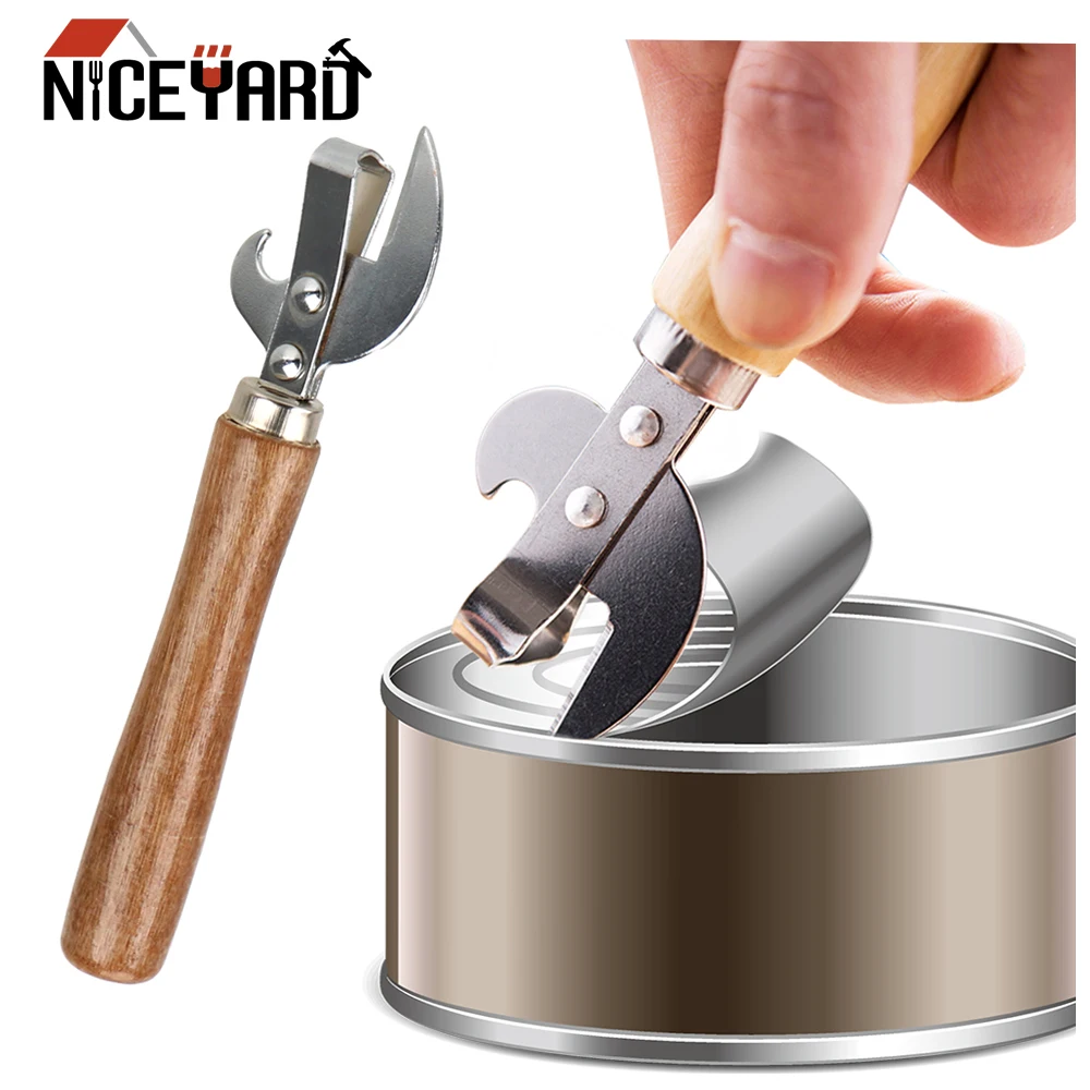 Manual Can Opener Bottle Opener Side Cut Tin Lid Remover with Wood Handle Kitchen Utensil Multifunctional Opener 