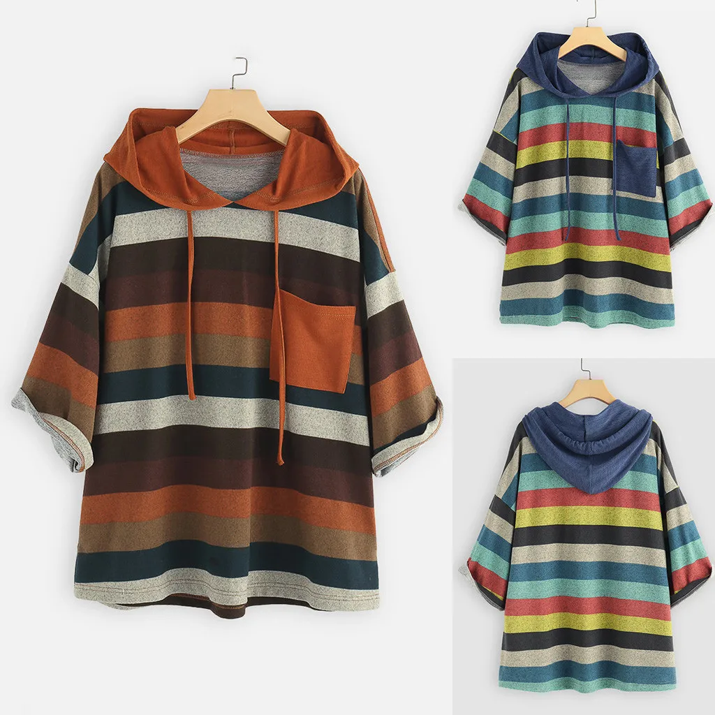 Jaycosin Fashion Autumn Casual Female O-Neck Multicolor Striped Sweatshirt Long Sleeve Comfortable Pocket Jumper Pullover 14#4