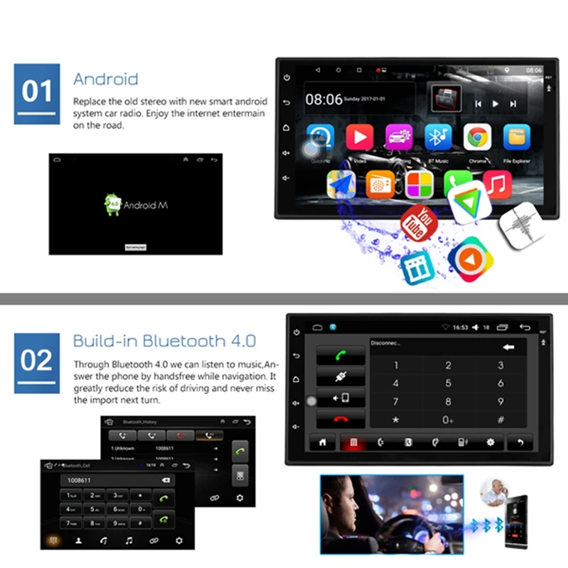 Android 7.1 Auto Stereo 7 Zoll 1024x600 1080P Quad Core 2Din Android Kopf Einheit Gps Navigation Au
