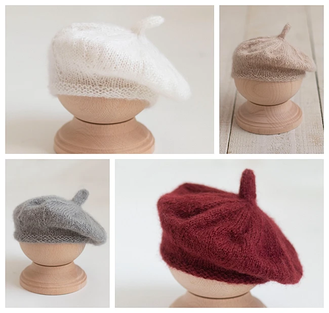 Neonatal photography props hand-woven mohair beret cap baby photo children hat cotton soft pure color