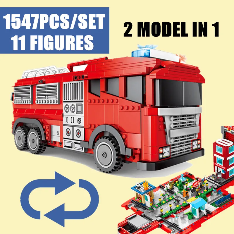 

New 2 In1 Fire Mobile Station Street City View Truck Fit Legoings Technic Building Blocks Bricks Bus Figures Kids Toy Gift