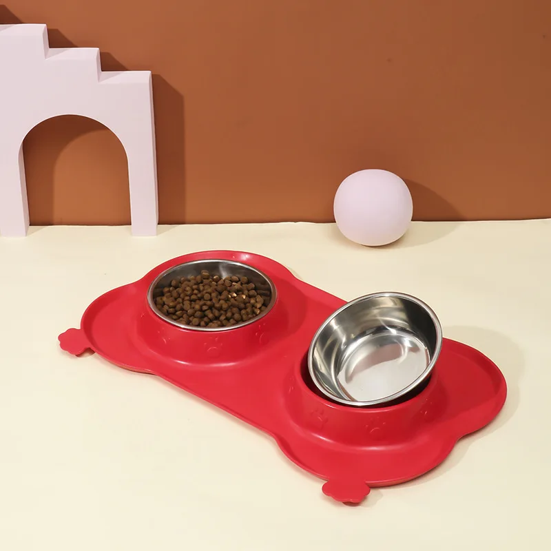 Antislip Double Dog Bowl With Silicone Mat Durable Stainless Steel No