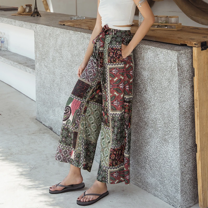 

Korean Style Chiffon Trousers Summer Style Women Beach Bohemia Floral Print Chiffon Wide Leg Pants Pockets