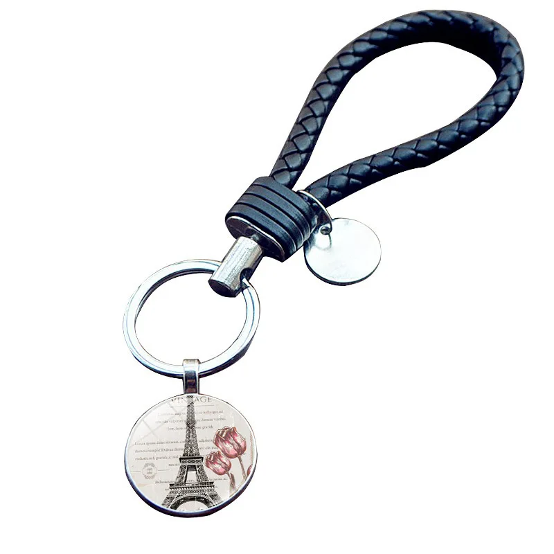 

Creative Small Gifts Weaving Leather Rope Key Ring Eiffel Iron Tower Time Stone Single Loop Keychain Europe And America Hot Sale
