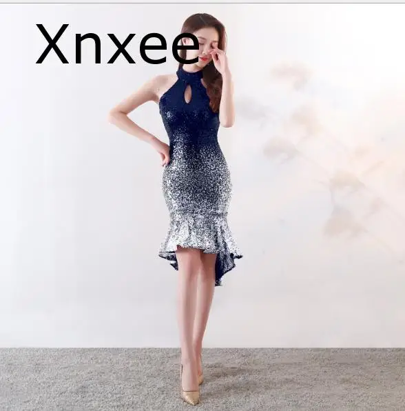 Xnxee/элегантное платье на бретелях с пайетками; блестящие вечерние платья с коротким передом и длинной спинкой; Vestido de novia