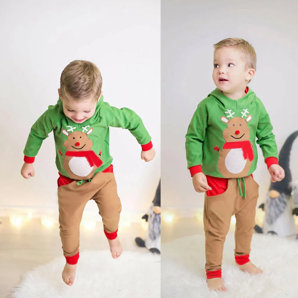 

Christmas Toddler Baby Boys Girls Long Sleeve Deer Print Hoodie Sweatshirt Pants Sets Infant Kids Patchwork Top Fashion Outfits
