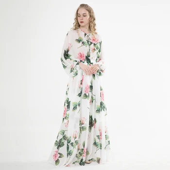 

New 2020 summer women beach dress bow tie floral rose patterns print floor length long sleeve chiffon bohemian dresses white