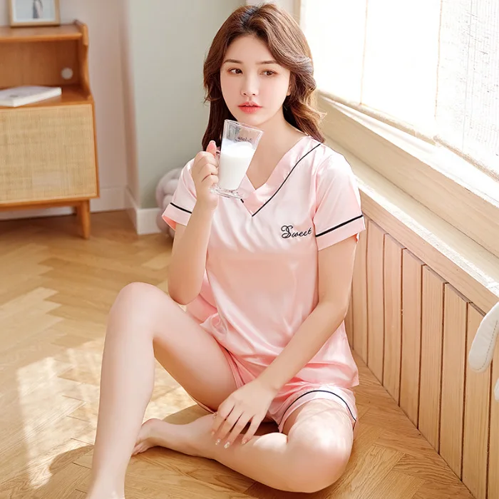 

Viscose Pajamas Women's Summer Set V-neck Short Sleeve Silk Two-Piece Set Thin Sexy Home Wear