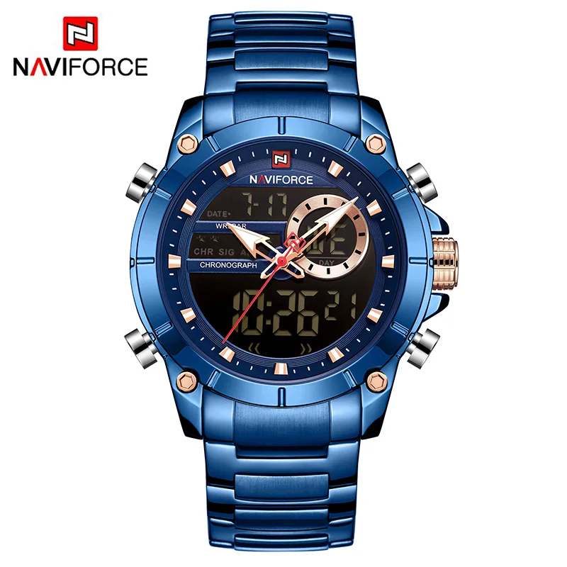 Naviforce Мужские часы с синим циферблатом, аналоговые цифровые мужские часы со светящимся циферблатом, мужские наручные часы, спортивные часы для мужчин, деловые часы