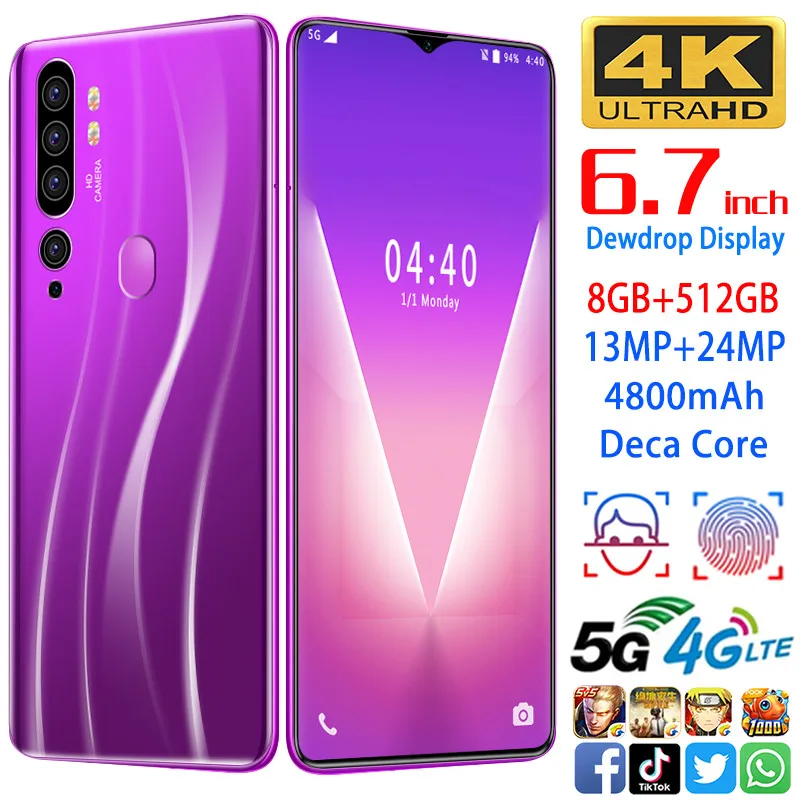 A12 Cellphone MTK6799 Phones deca core 6.7inch HD+1440*3040 Cell phones 5G  Phone 8GB+512GB Mobile phone 13MP+24MP