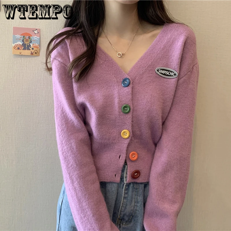 Tanie Moda krótki sweter kobiet jesień zima sweter dziergany fioletowy V