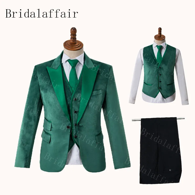 Bridalaffair Mens Elegant Winter Tuxedo Navy Velvet Suits For Men Wedding Prom Costume Groom 3Pcs Blazer Jacket Pants Vest Set