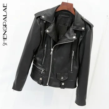 

SHENGPALAE 2020 PU Black Jackets Women Turn-down Collar New Arrival Winter Full Sleeves Streetwear Fashion Female Coat 5D176