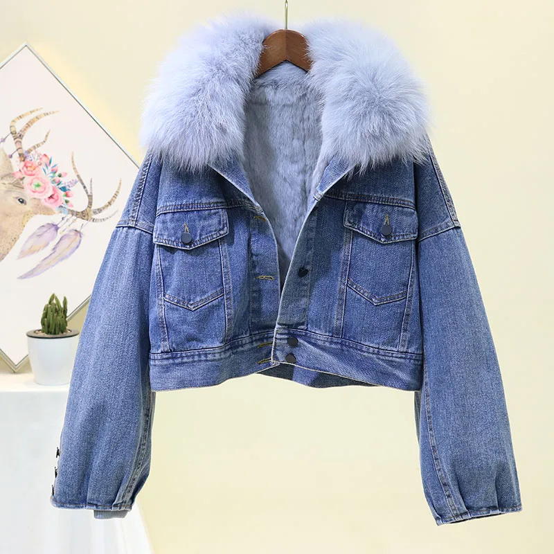 Gray fur collar 1 Кролик лайнер Толстая джинсовая куртка женская зимняя натуральный Лисий меховой воротник корейский Повседневный короткий рукав фонаря джинсовое пальто женственная Casaco - Цвет: Gray fur collar 1