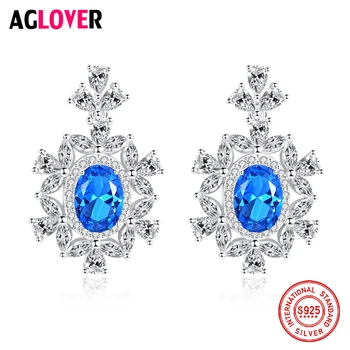 

AGLOVER Brand 925 Sterling Silver Stud Earrings Natural Blue Crystal Zircon Stud Earrings For Women Luxury Jewelry Birthday Gift