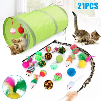 

Newly 21Pcs/set Cats Toys Interactives Kitten Toys Assortments Tunnel Balls Rats Feather Teaser Wand Bell Balls VA88