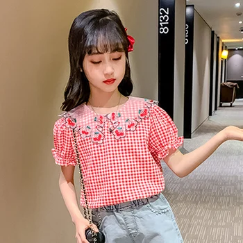 

Sweet Girl's Broken Flowers Jacket Short Sleeves Cherry Collar Plaid Shirt Little Girl Cute Blouse Leisure Comfortable Clothes