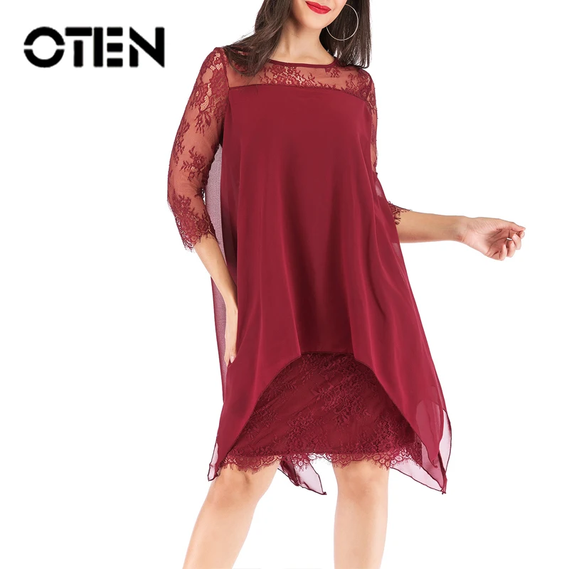 OTEN, женское платье, элегантные вечерние, из кусков, ажурные, кружевные, шифоновые, нестандартные, для девушек, размера плюс, одноцветные, длиной до колена, осень