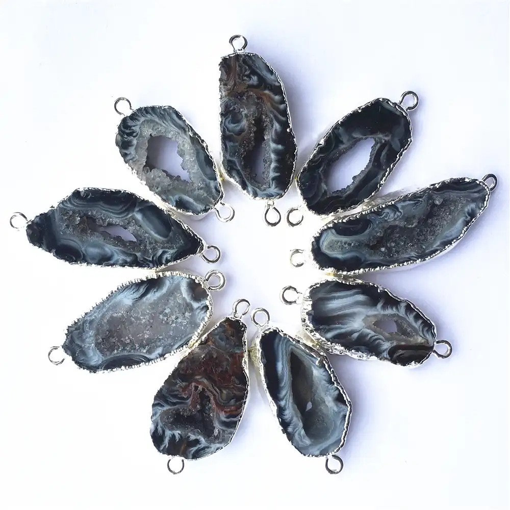 5pcs Natural Agate Slice Connectors,Silver Metal Natural Sun Flower Agate Connectors Beads For Making Jewelry