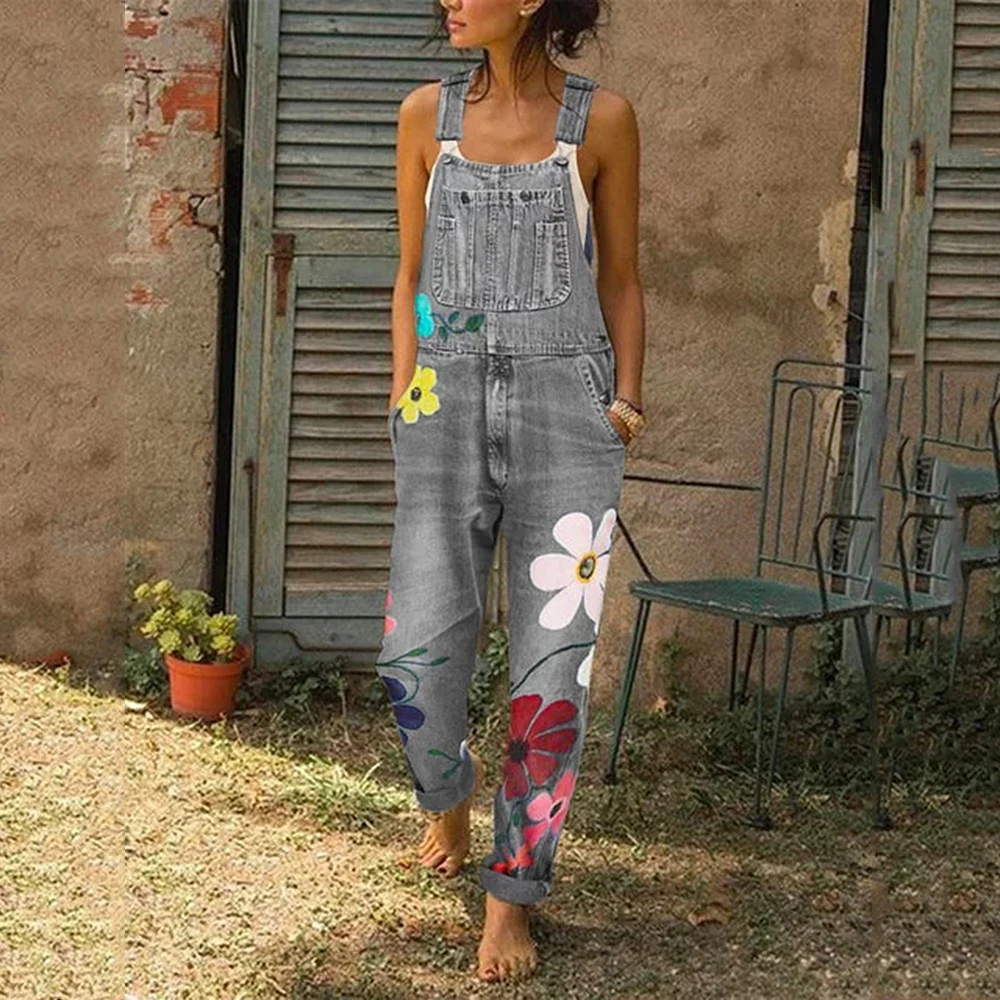 

2019 New Fashion Autumn Women Jeans Women Florals Printing Straps Neck Light Washed Pockets Overalls Denim Pants Full Length