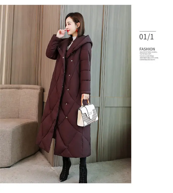 Длинное пуховое хлопковое пальто женская зимняя теплая верхняя одежда новая Корейская тонкая однотонная утепленная куртка-парка с капюшоном Femme Casaco f1620