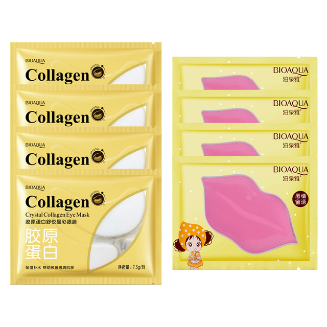 Eye Mask Combination 4pcs Moisturing Nourishing Lips Mask 4Pairs Collagen Anti-Aging Wrinkle Dark Circles Eye Patch Skincare