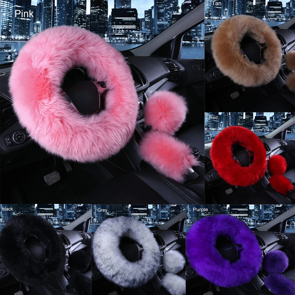 

3pcs/Set Car Steering Wheel Covers Long Plush Warm Woolen Handbrake Winter Car Accessory Steering Wheel Cover with 38cm