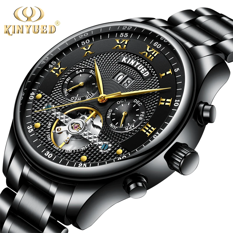

KINYUED Mechanical Wristwatches Automatic Self-Wind Stainless Steel Waterproof Skeleton Watch Men Calendar Montres Homme