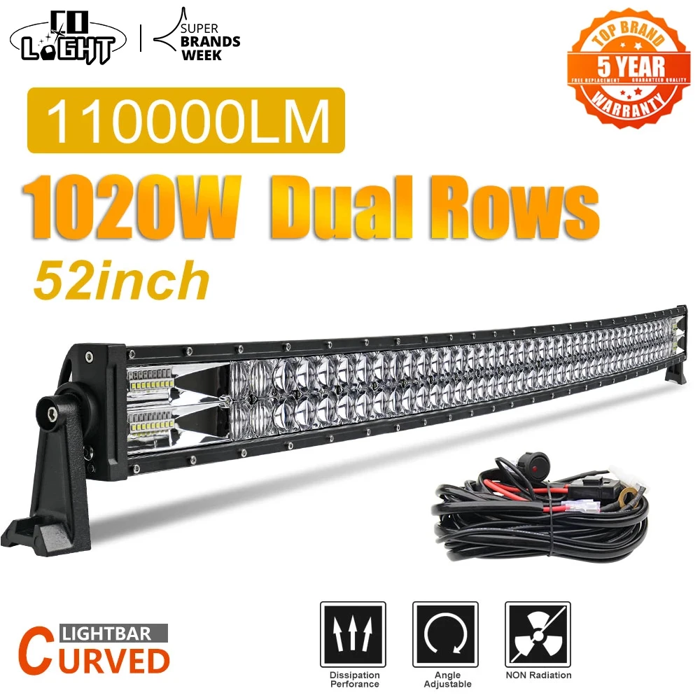 CO LIGHT 52“ Led Light Bar 1020W Led Work Lights 12V 24V Spot Flood Combo Beam for Truck Tractor SUV 4X4 4WD Offroad Barra Light
