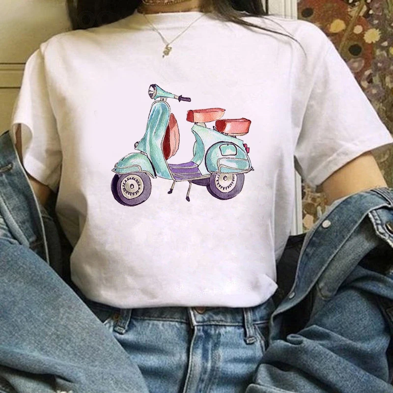 

2020 Summer Women T-shirt Theme of two wheeled Printed Tshirts Casual Tops Tee Harajuku 90s Vintage White tshirt Female Clothing